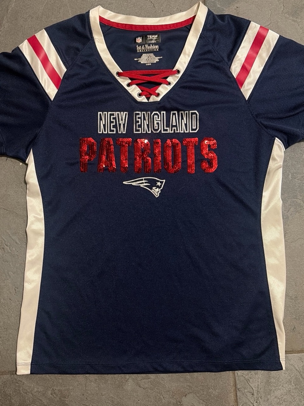 NFL Navy, White & Red New England Patriots Sequin Lace-Up Jersey Top